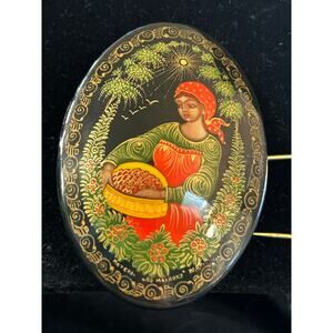Palekh Russian Lacquer Brooch Mini Painting on Papier Mache Signed